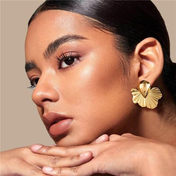 Gold Flower Earrings | Boho Geometric Studs | Lightweight Statement Jewelry - Picture 4 of 5